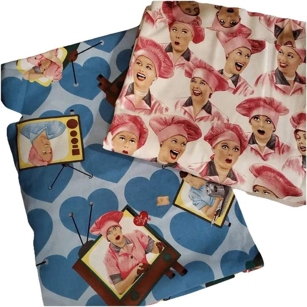 Lot of 2 Quilting Treasures I Love Lucy Fabric Remnants Pink Hat, Blue heart new